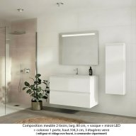 Ensemble meuble de salle de bain Oxford 100 cm blanc brillant, plan vasque marbre reconstitué, 2 tiroirs + colonne P. 17 cm x H. 104 cm , miroir LED