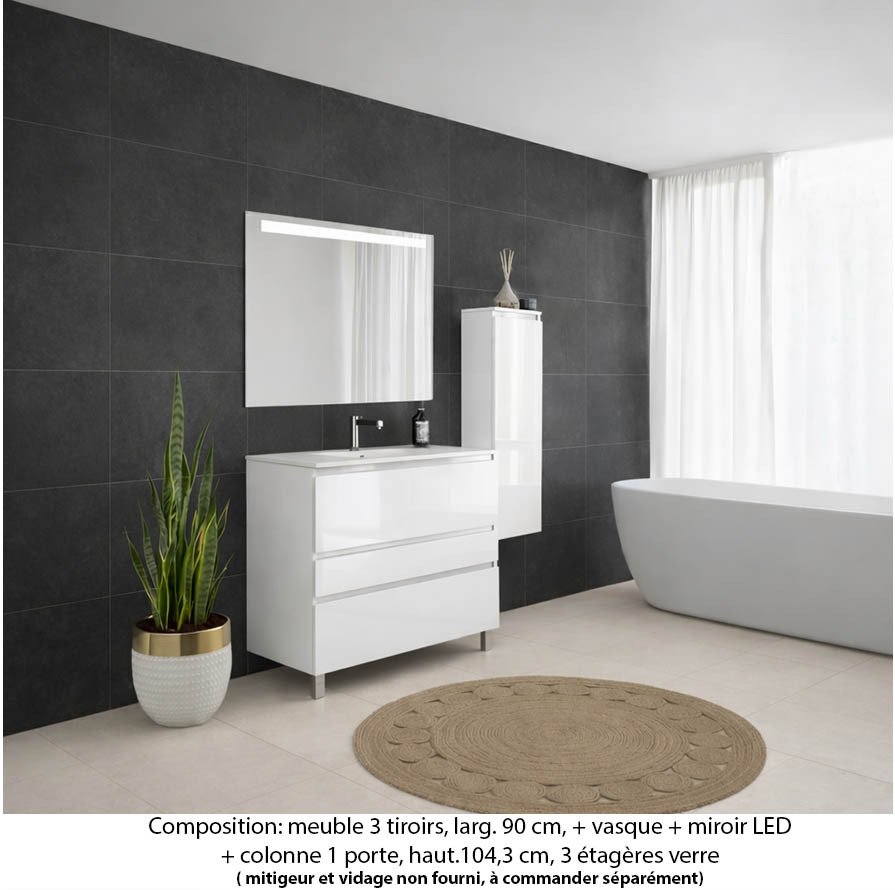 Ensemble meuble de salle de bain Oxford 80 cm blanc brillant, plan vasque marbre reconstitué,  3 tiroirs + colonne P.17 cm x H. 104 cm  , miroir LED