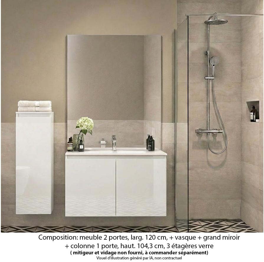 Ensemble meuble de salle de bain Oxford 80 cm blanc brillant, plan vasque marbre reconstitué, 2 portes , miroir plan , colonne P. 17 cm x H. 104 cm