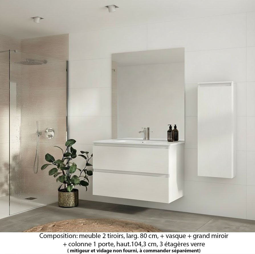 Ensemble meuble de salle de bain Oxford 80 cm blanc brillant, plan vasque marbre reconstitué, 2 tiroirs , miroir plan , colonne P.17 cm x H. 104 cm