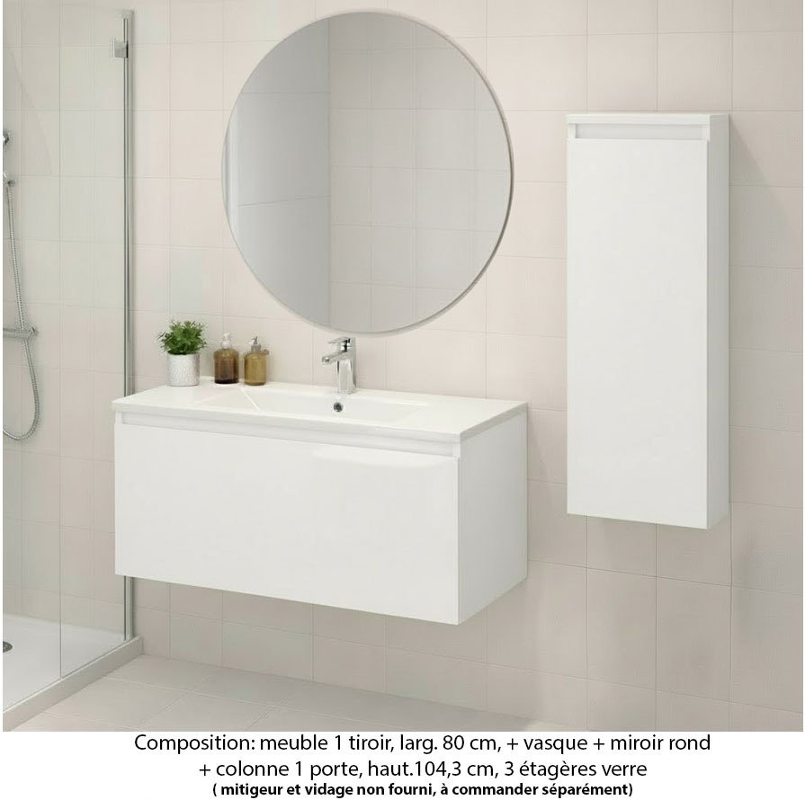 Ensemble meuble de salle de bain Oxford 80 cm blanc brillant, plan vasque marbre reconstitué, 1 tiroir , miroir rond , colonne P.17 cm x H. 104 cm