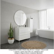 Ensemble meuble de salle de bain Oxford 90 cm blanc brillant, plan vasque marbre reconstitué, 3 tiroirs , miroir rond , colonne P.17 cm x H. 104 cm