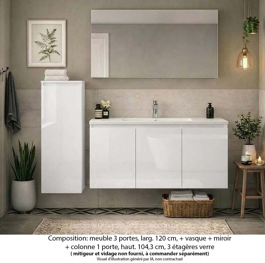 Ensemble meuble de salle de bain Oxford 120 cm blanc brillant, plan vasque céramique, 3 portes , miroir simple , colonne P. 17 cm x H. 104 cm