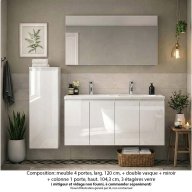 Ensemble meuble de salle de bain Oxford 140 cm blanc brillant, plan vasque marbre reconstitué, 4 portes , miroir simple , colonne P. 17 cm x H. 104 cm