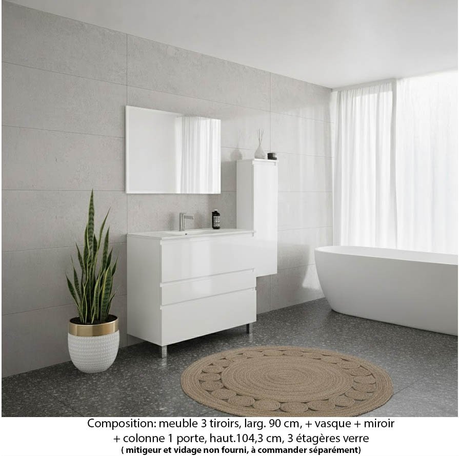 Ensemble meuble de salle de bain Oxford 90 cm blanc brillant, plan vasque marbre reconstitué, 3 tiroirs , miroir simple , colonne P.17 cm x H. 104 cm