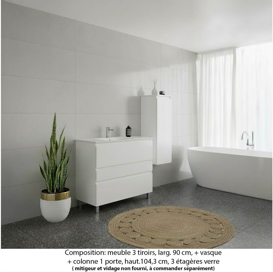 Ensemble meuble de salle de bain Oxford 80 cm blanc brillant, plan vasque marbre reconstitué,  3 tiroirs + colonne P. 35 cm x H. 104 cm