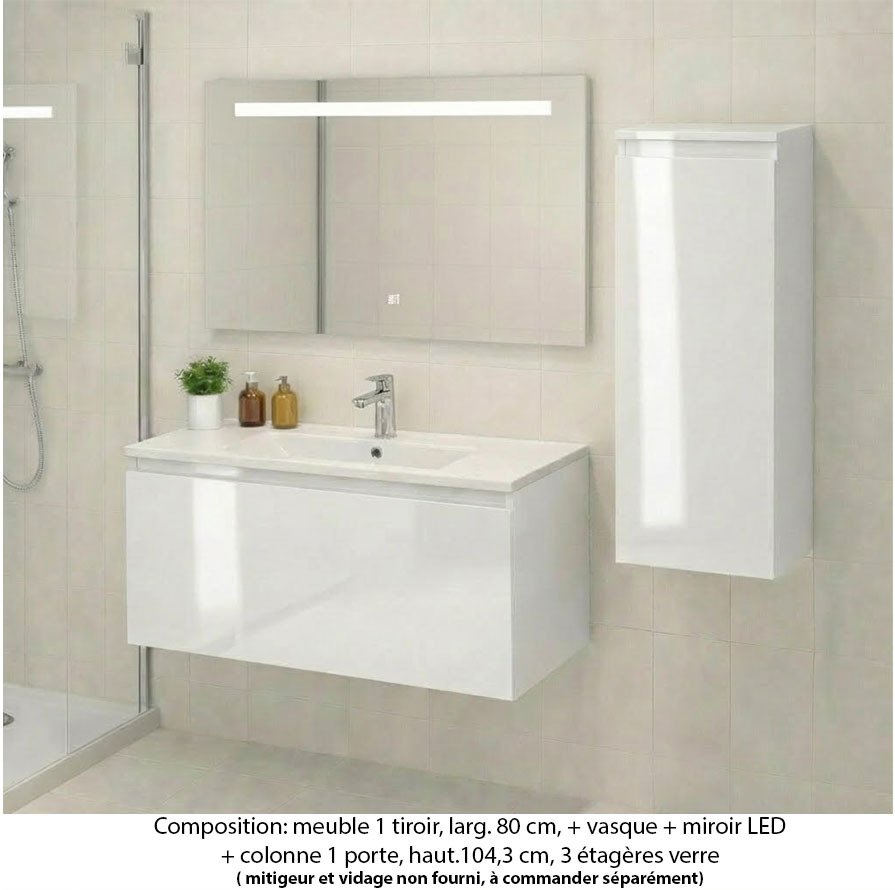 Ensemble meuble de salle de bain Oxford 80 cm blanc brillant, plan vasque marbre reconstitué,  1 tiroir + colonne P. 35 cm x H. 104 cm , miroir LED
