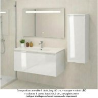 Ensemble meuble de salle de bain Oxford 80 cm blanc brillant, plan vasque marbre reconstitué, 1 tiroir + colonne P. 35 cm x H. 104 cm , miroir LED