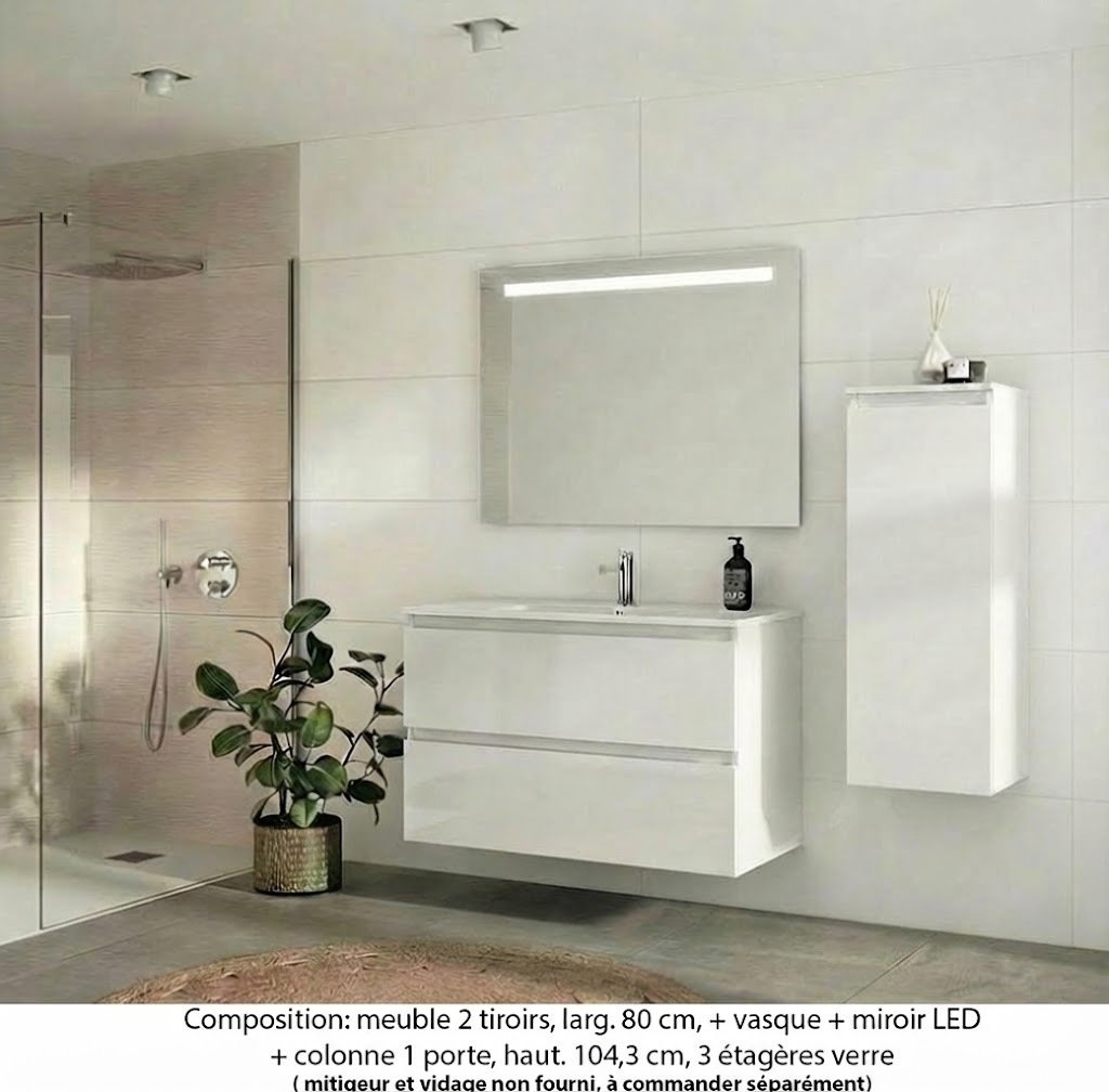 Ensemble meuble de salle de bain Oxford 80 cm blanc brillant, plan vasque marbre reconstitué,  2 tiroirs + colonne P. 35 cm x H. 104 cm , miroir LED