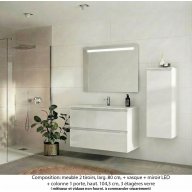 Ensemble meuble de salle de bain Oxford 100 cm blanc brillant, plan vasque marbre reconstitué, 2 tiroirs + colonne P. 35 cm x H. 104 cm , miroir LED