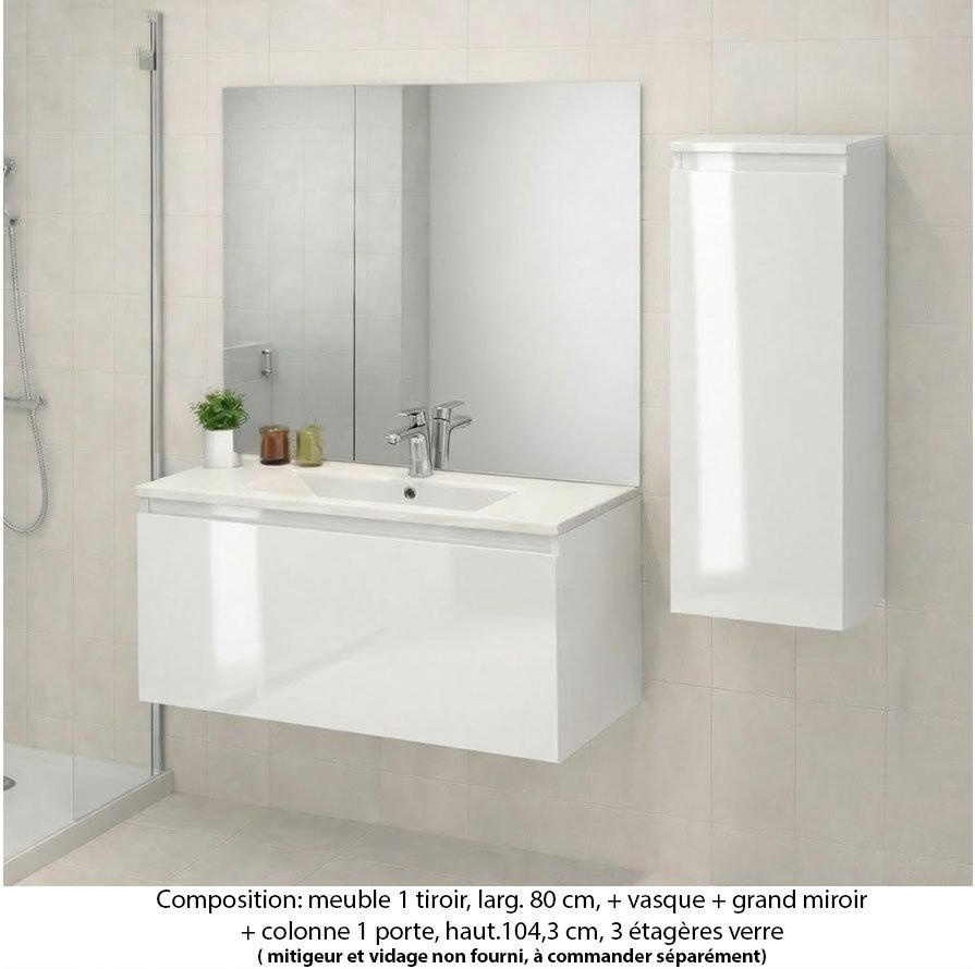 Ensemble meuble de salle de bain Oxford 100 cm blanc brillant, plan vasque marbre reconstitué, 1 tiroir , miroir plan , colonne P. 35 cm x H. 104 cm