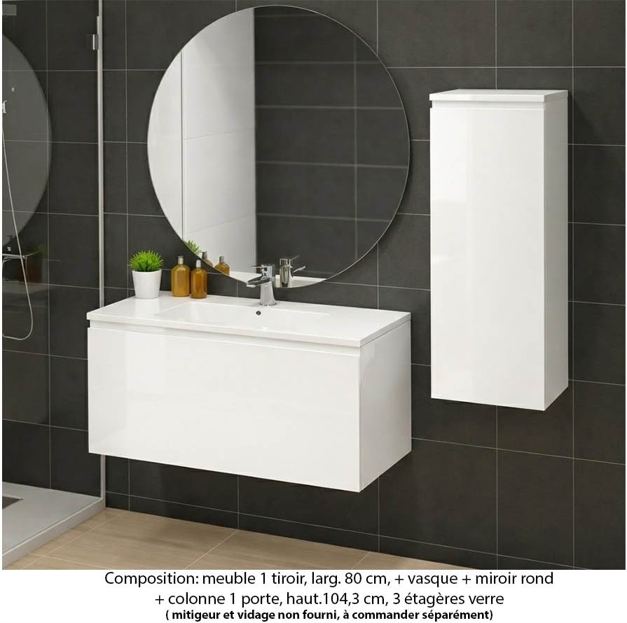 Ensemble meuble de salle de bain Oxford 100 cm blanc brillant, plan vasque marbre reconstitué, 1 tiroir , miroir rond , colonne P. 35 cm x H. 104 cm
