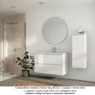 Ensemble meuble de salle de bain Oxford 100 cm blanc brillant, plan vasque marbre reconstitué, 2 tiroirs , miroir rond , colonne P. 35 cm x H. 104 cm