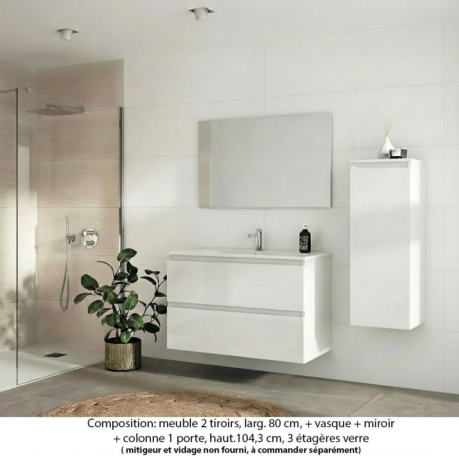 Ensemble meuble de salle de bain Oxford 80 cm blanc brillant, plan vasque marbre reconstitué, 2 tiroirs , miroir simple , colonne P. 35 cm x H. 104 cm