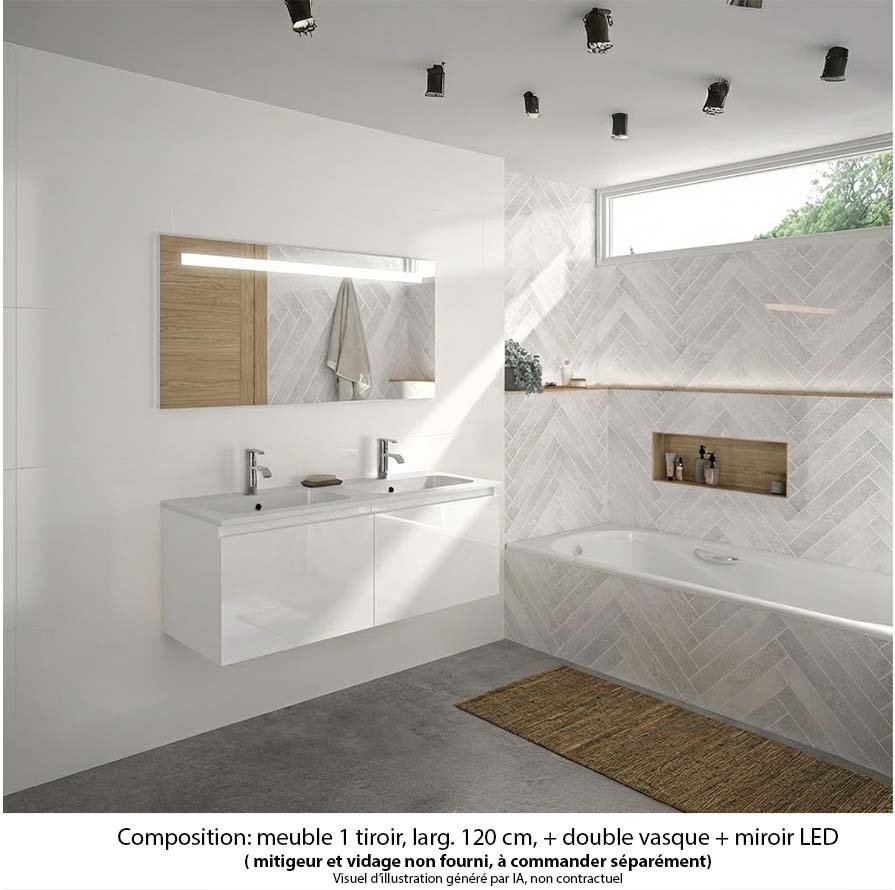 Ensemble meuble de salle de bain Oxford 120 cm blanc brillant, plan double vasque marbre reconstitué,  2 tiroirs , miroir LED