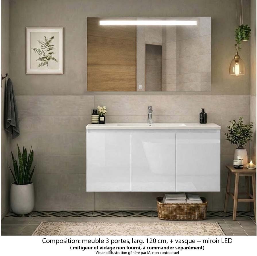 Ensemble meuble de salle de bain Oxford 120 cm blanc brillant, plan vasque céramique,  3 portes , miroir LED