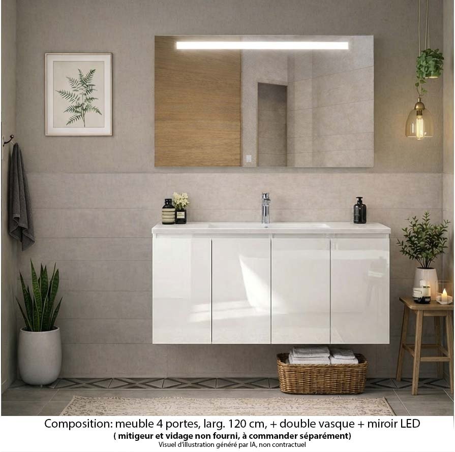 Ensemble meuble de salle de bain Oxford 120 cm blanc brillant, plan vasque marbre reconstitué,  4 portes , miroir LED