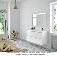 Ensemble meuble de salle de bain Oxford 140 cm blanc brillant, plan double double vasque marbre reconstitué, 4 tiroirs , miroir LED