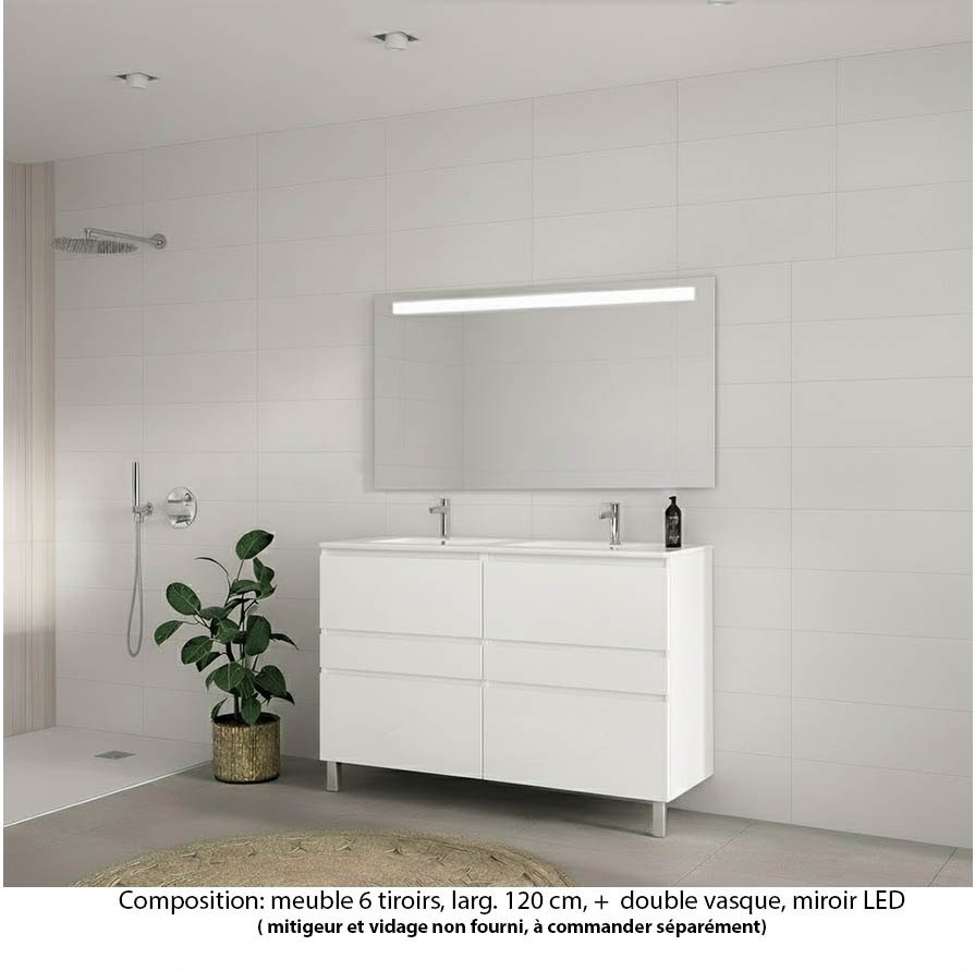Ensemble meuble de salle de bain Oxford 120 cm blanc brillant, plan double vasque céramique,  6 tiroirs , miroir LED