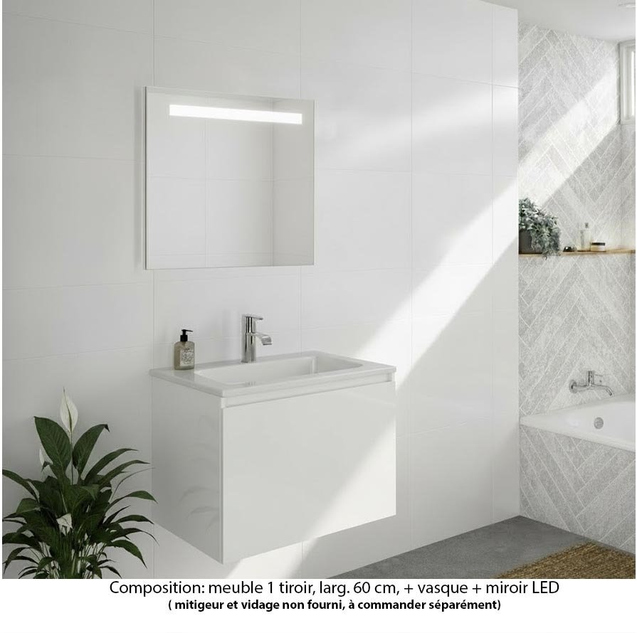Ensemble meuble de salle de bain Oxford 80 cm blanc brillant, plan vasque marbre reconstitué,  1 tiroir , miroir LED