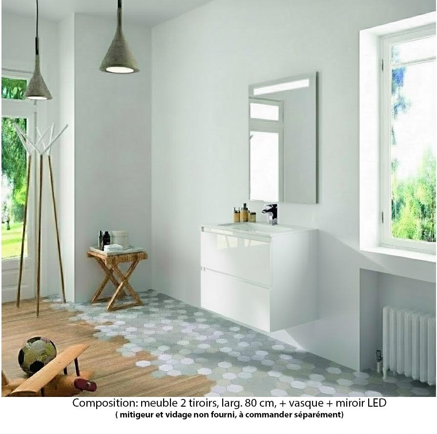 Ensemble meuble de salle de bain Oxford 80 cm blanc brillant, plan vasque marbre reconstitué,  2 tiroirs , miroir LED