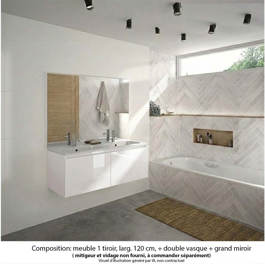 Ensemble meuble de salle de bain Oxford 120 cm blanc brillant, plan double vasque marbre reconstitué,  2 tiroirs , miroir haut. 110 cm