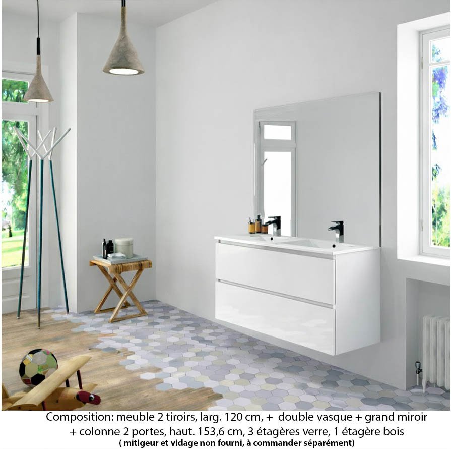 Ensemble meuble de salle de bain Oxford 120 cm blanc brillant, plan double vasque marbre reconstitué,  2 tiroirs , miroir haut. 110 cm