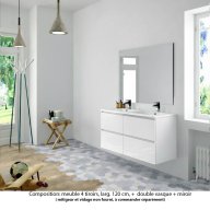 Ensemble meuble de salle de bain Oxford 140 cm blanc brillant, plan double double vasque marbre reconstitué, 4 tiroirs , miroir haut. 110 cm