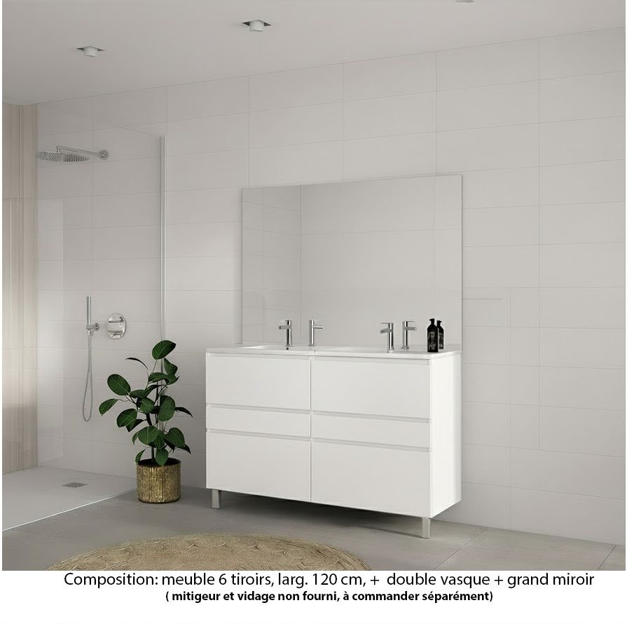 Ensemble meuble de salle de bain Oxford 120 cm blanc brillant, plan double vasque céramique,  6 tiroirs , miroir haut. 110 cm