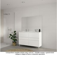 Ensemble meuble de salle de bain Oxford 120 cm blanc brillant, plan double vasque marbre reconstitué, 6 tiroirs , miroir haut. 110 cm