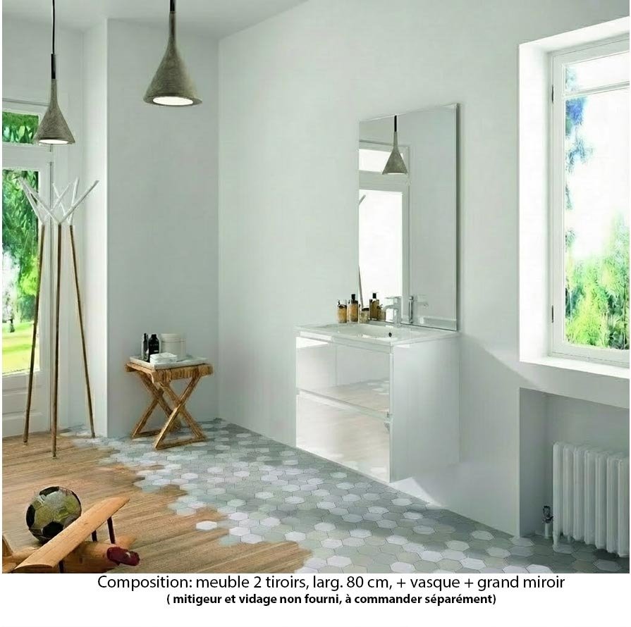 Ensemble meuble de salle de bain Oxford 80 cm blanc brillant, plan vasque marbre reconstitué,  2 tiroirs , miroir haut. 110 cm