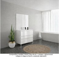 Ensemble meuble de salle de bain Oxford 90 cm blanc brillant, plan vasque marbre reconstitué, 3 tiroirs , miroir haut. 110 cm
