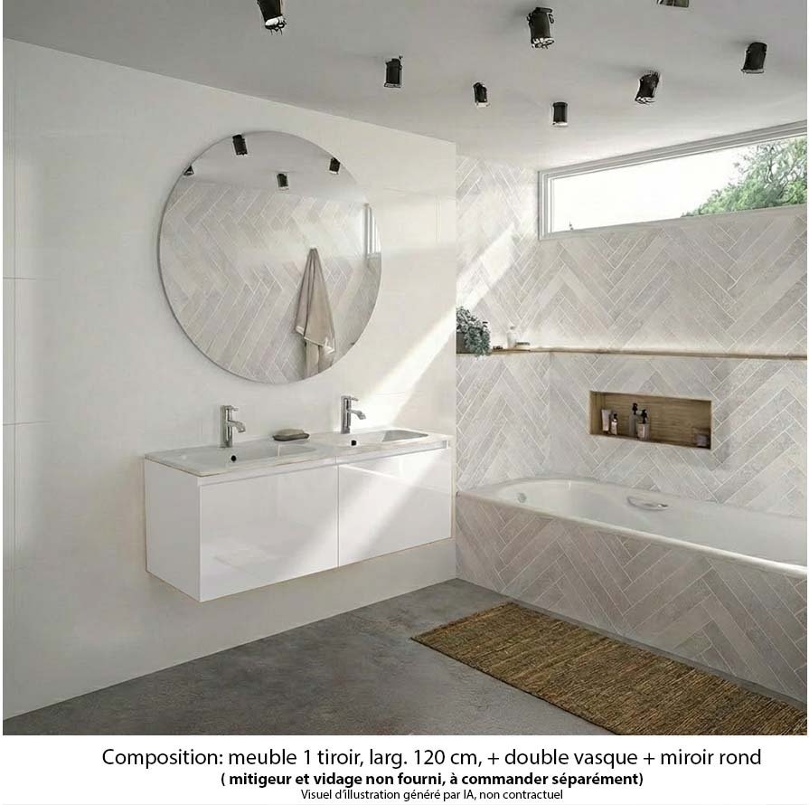 Ensemble meuble de salle de bain Oxford 120 cm blanc brillant, plan double vasque marbre reconstitué,  2 tiroirs , miroir rond