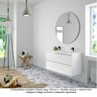 Ensemble meuble de salle de bain Oxford 120 cm blanc brillant, plan double vasque marbre reconstitué, 2 tiroirs , miroir rond