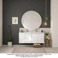 Ensemble meuble de salle de bain Oxford 120 cm blanc brillant, plan vasque marbre reconstitué, 4 portes , miroir rond