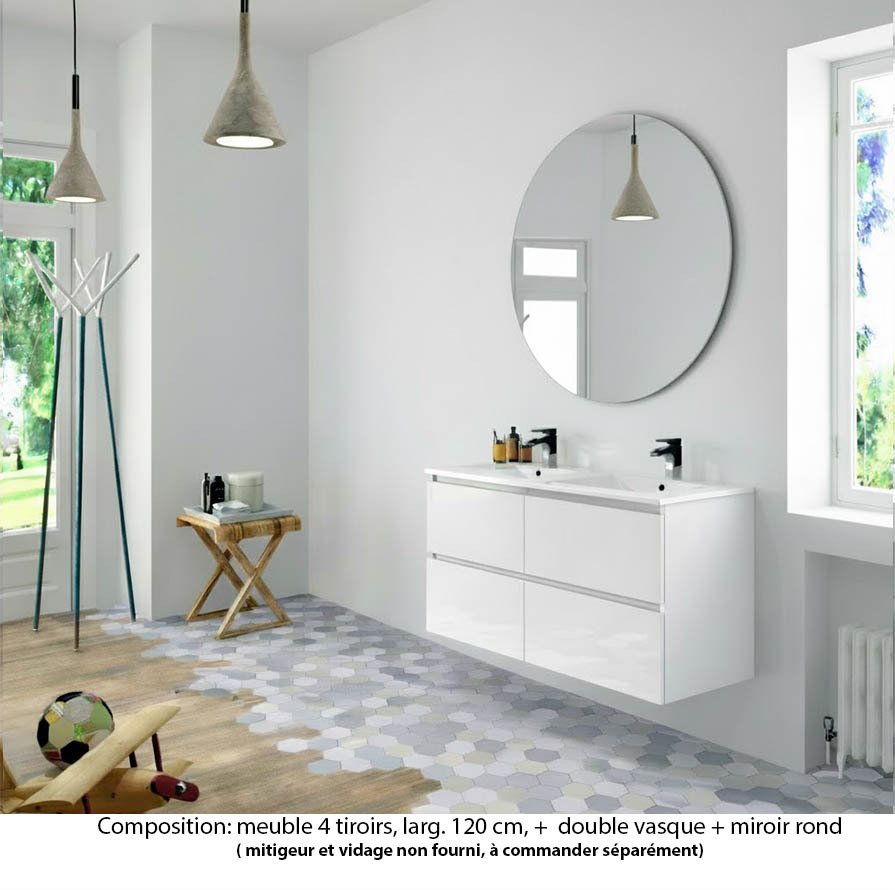 Ensemble meuble de salle de bain Oxford 120 cm blanc brillant, plan double double vasque marbre reconstitué,  4 tiroirs , miroir rond