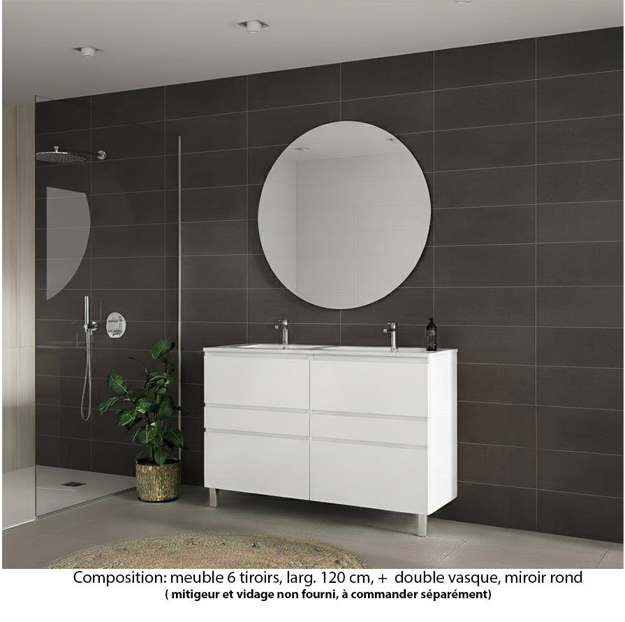 Ensemble meuble de salle de bain Oxford 120 cm blanc brillant, plan double vasque céramique,  6 tiroirs , miroir rond