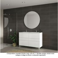 Ensemble meuble de salle de bain Oxford 120 cm blanc brillant, plan double vasque marbre reconstitué, 6 tiroirs , miroir rond