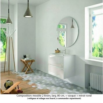Vignette Ensemble meuble de salle de bain Oxford 80 cm blanc brillant, plan vasque céramique,  2 tiroirs , miroir rond