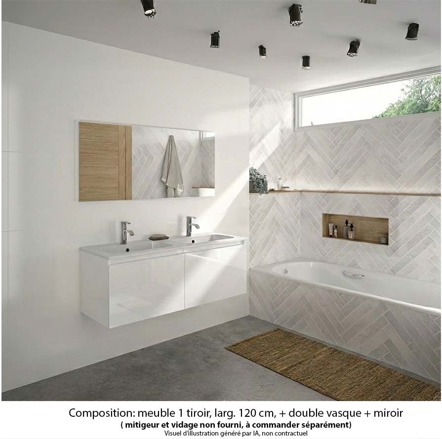 Ensemble meuble de salle de bain Oxford 120 cm blanc brillant, plan double vasque marbre reconstitué,  2 tiroirs , miroir haut. 60 cm
