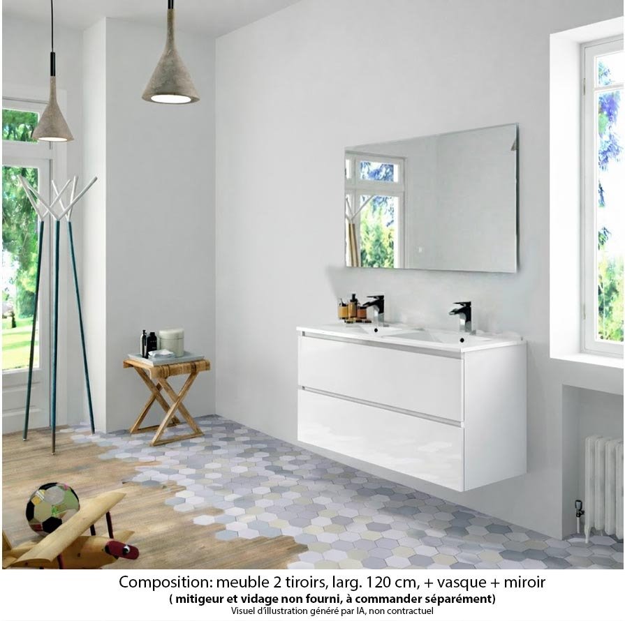 Ensemble meuble de salle de bain Oxford 120 cm blanc brillant, plan double vasque céramique,  2 tiroirs , miroir haut. 60 cm