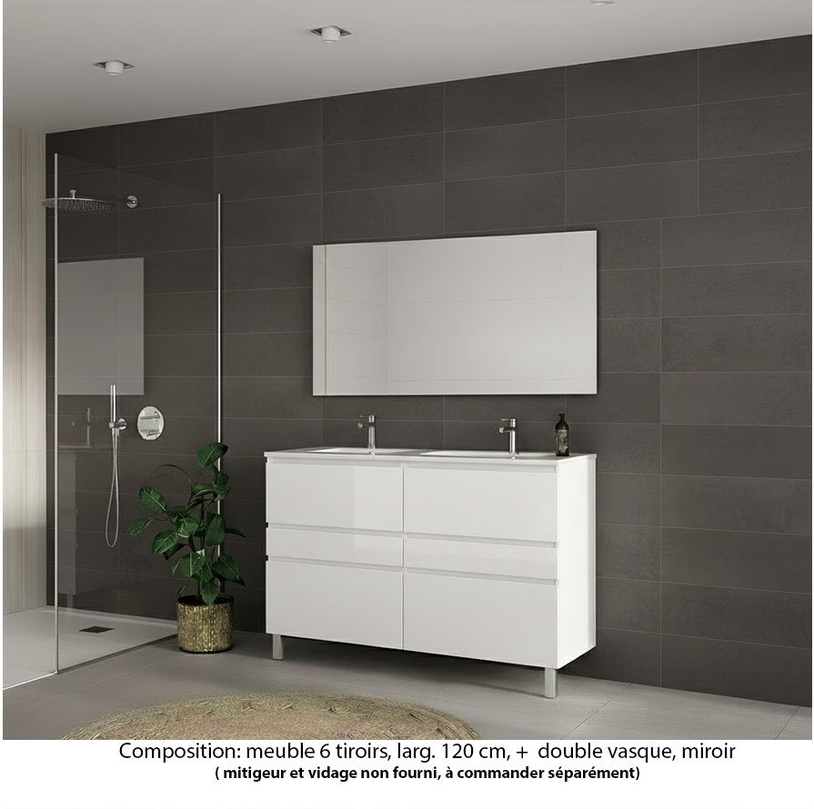 Ensemble meuble de salle de bain Oxford 120 cm blanc brillant, plan double vasque céramique,  6 tiroirs , miroir haut. 60 cm