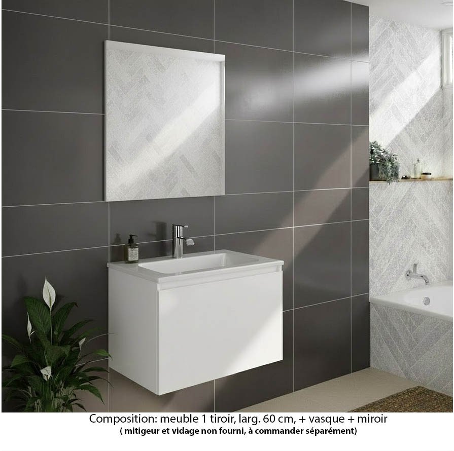 Ensemble meuble de salle de bain Oxford 100 cm blanc brillant, plan vasque marbre reconstitué,  1 tiroir , miroir haut. 60 cm