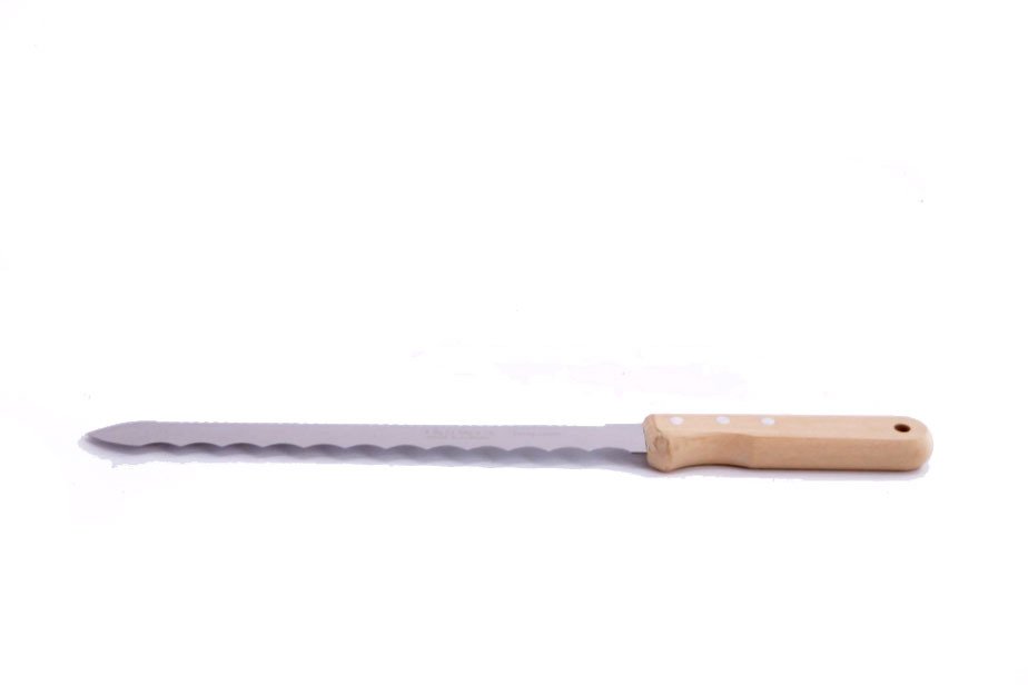 couteau pour isolants biosourcés à double tranchants et manche en bois vue de côté