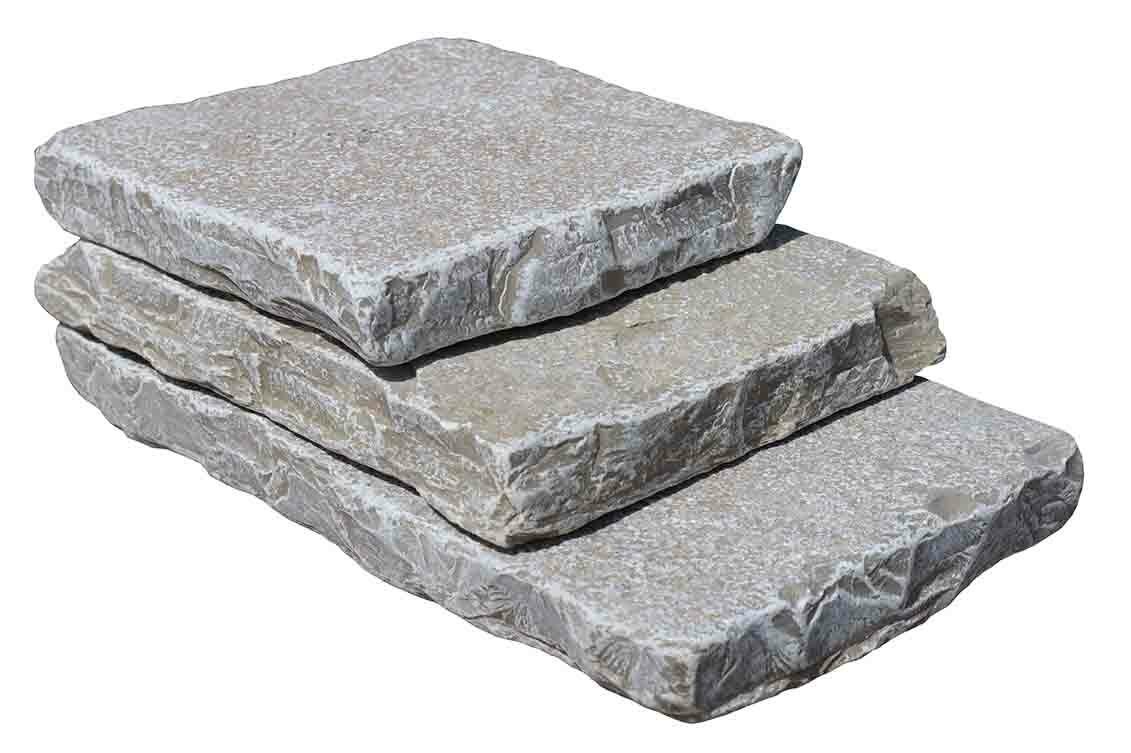 Pavé PONDICHERY en pierre naturelle calcaire d'Inde, bords adoucis, surface vieillie, 15 cm x longueur sur mesure x 2,2 cm - PALETTE COMPLETE