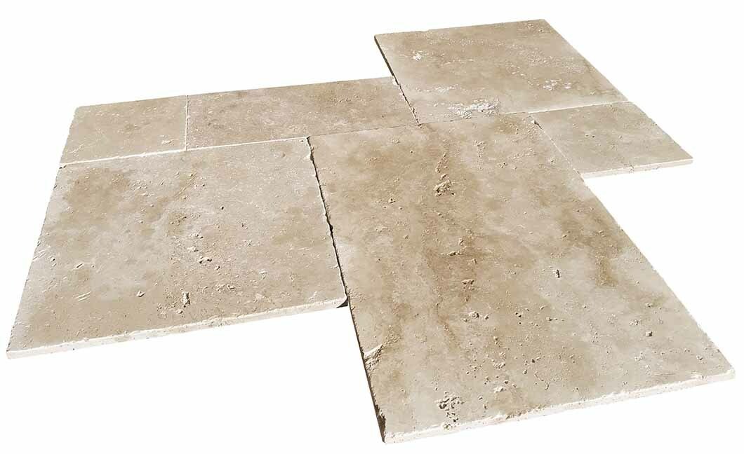 Travertin, dalle de sol ou murale en pierre naturelle CLASSHADE, bords adoucis, surface vieillie, GRAND opus 4 formats, épaisseur 1,2 cm - PALETTE COMPLETE