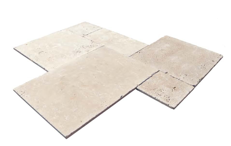 Travertin, dalle de sol ou murale en pierre naturelle CAPLIGHT, bords adoucis, surface vieillie, opus 4 formats - PALETTE COMPLETE