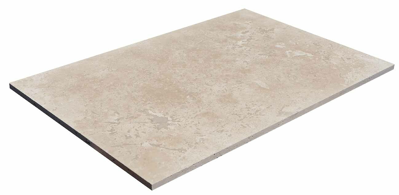 Travertin, dalle de sol ou murale en pierre naturelle CLASSED BLOCKED, bords sciés, surface vieillie, 40,6 cm x 61 cm x 1,2 cm - PALETTE COMPLETE