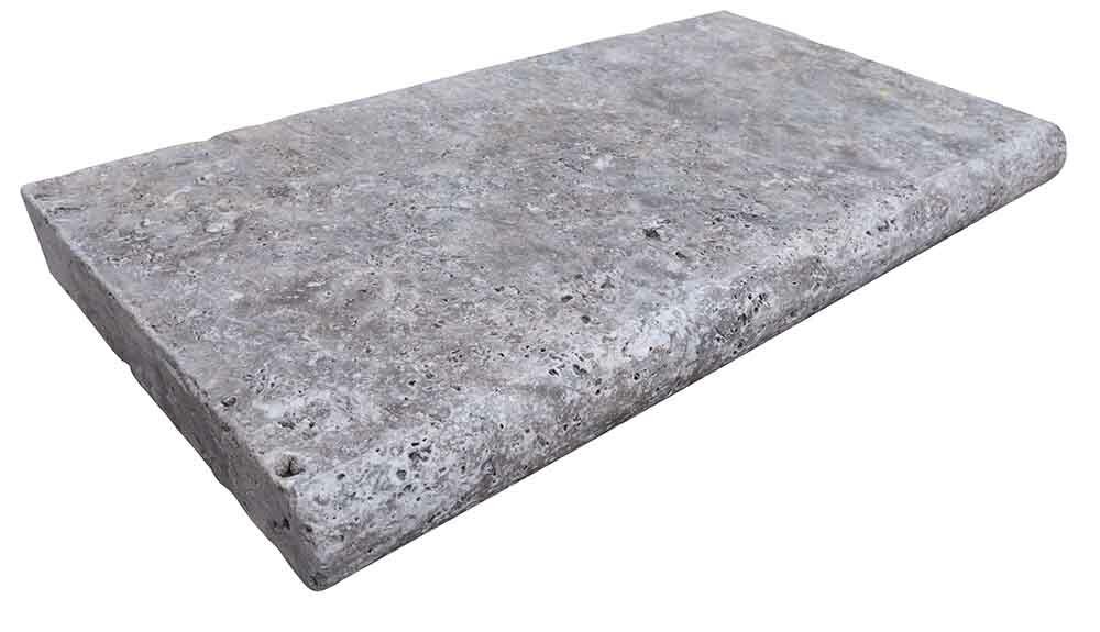 Margelle de piscine ou couvertine TITANIUM GREY, 1 bord demi-rond, surface vieillie, 33 cm x 61 cm x 5 cm