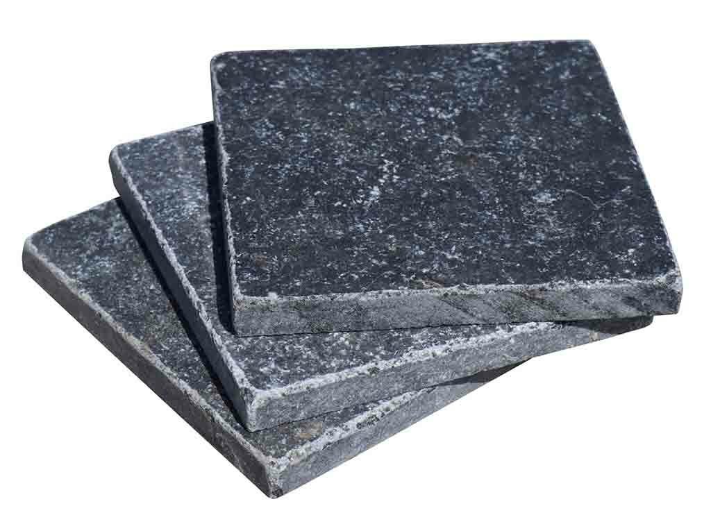 Dalles en marbre noir BLACK PANTHER, bords adoucis, surface vieillie, 10 cm x 10 cm x 1 cm - PALETTE COMPLETE